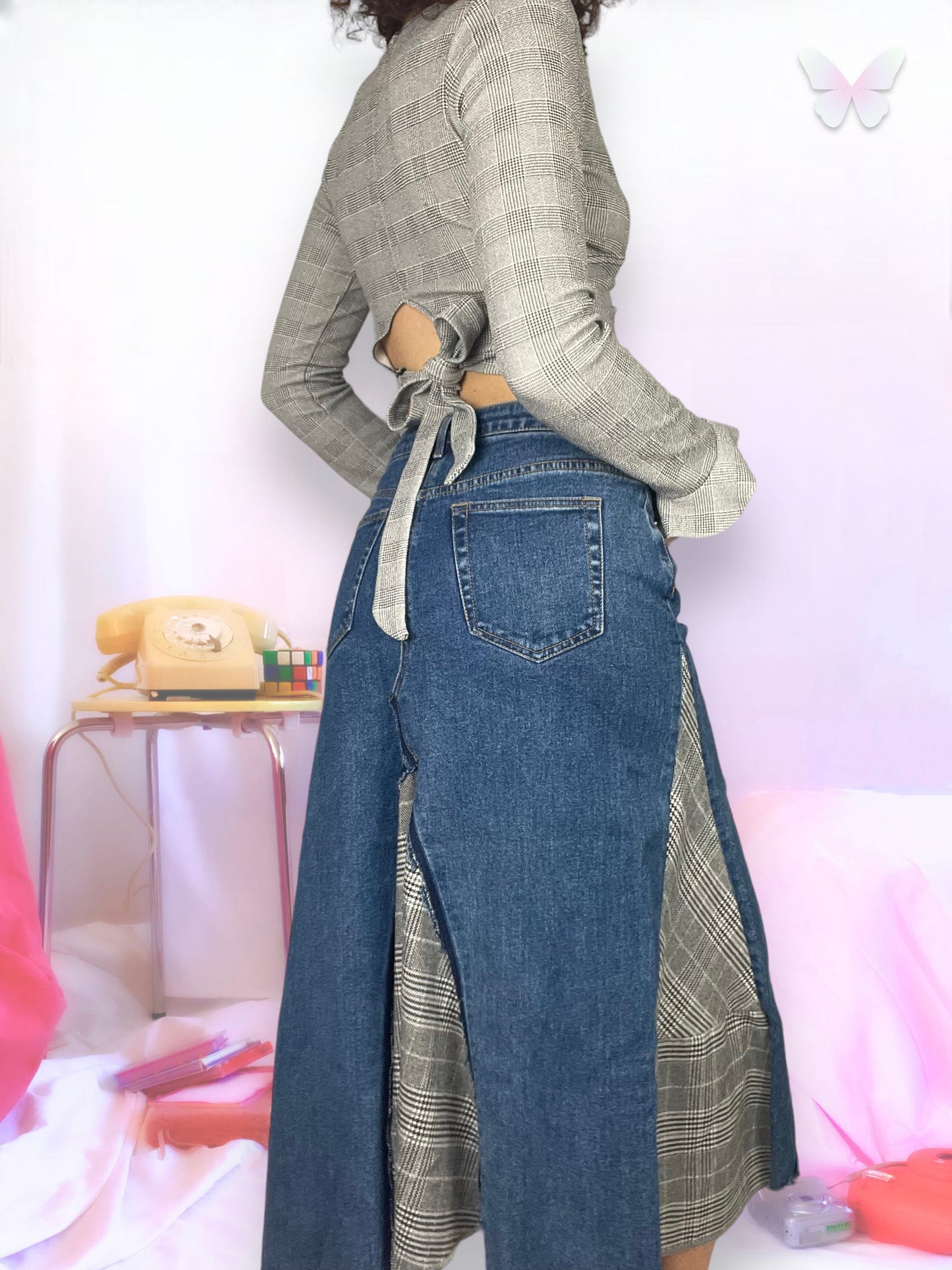 Denim skirt with checked fabrics | M