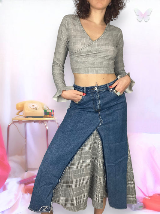 Denim skirt with checked fabrics | M