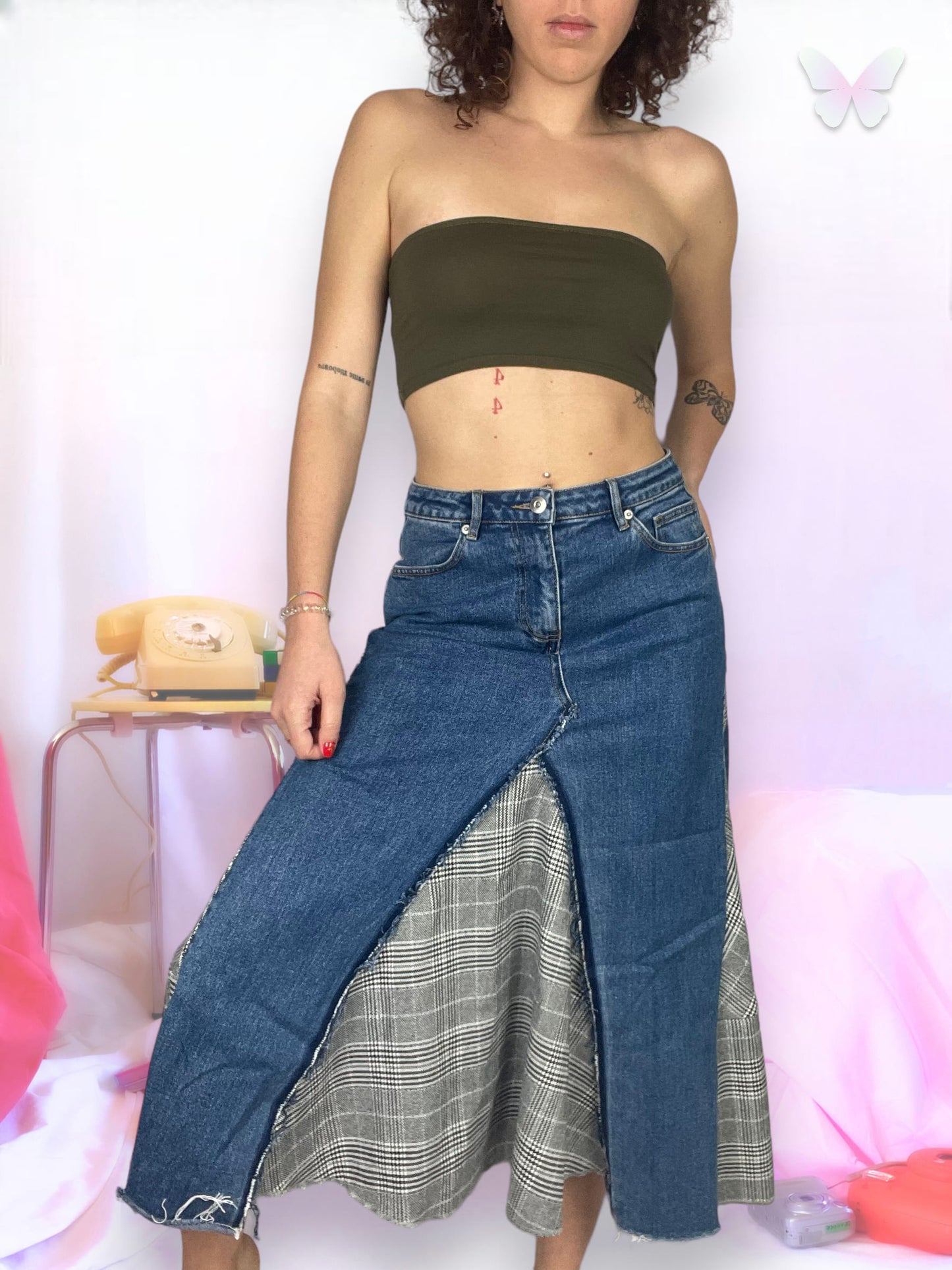 Denim skirt with checked fabrics | M