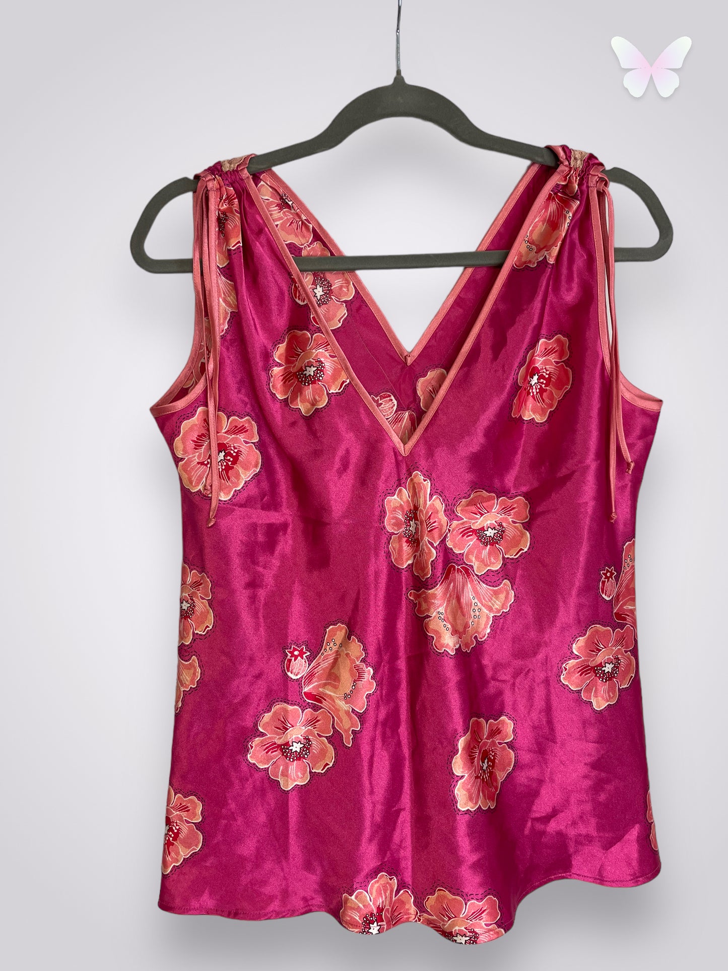 Pink satin top with flowers | XL